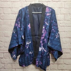 Japanese Kimono Jacket‎ Womens XL+ Blue Purple Floral Asian Design Boxy Sleeves